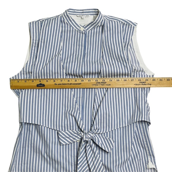Helmut Lang Blue Striped Sleeveless Tie-Front Cotton Poplin Shirt Size Medium - Picture 12 of 13